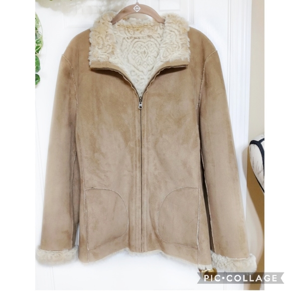 Coldwater Creek Reversible Tan & Cream Coat Size L 14 - Picture 5 of 9